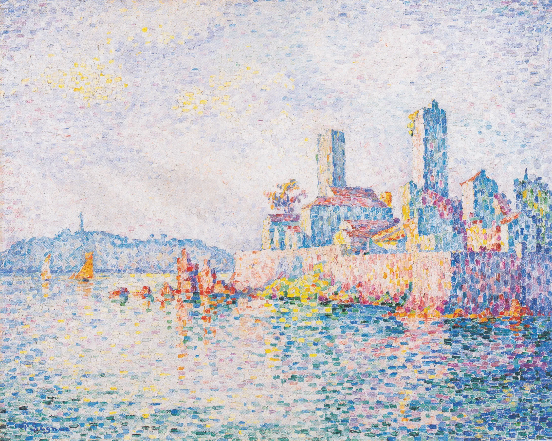 Antibes by Paul Signac, 1911. A pointilist painting of a seaside view in muted colours.